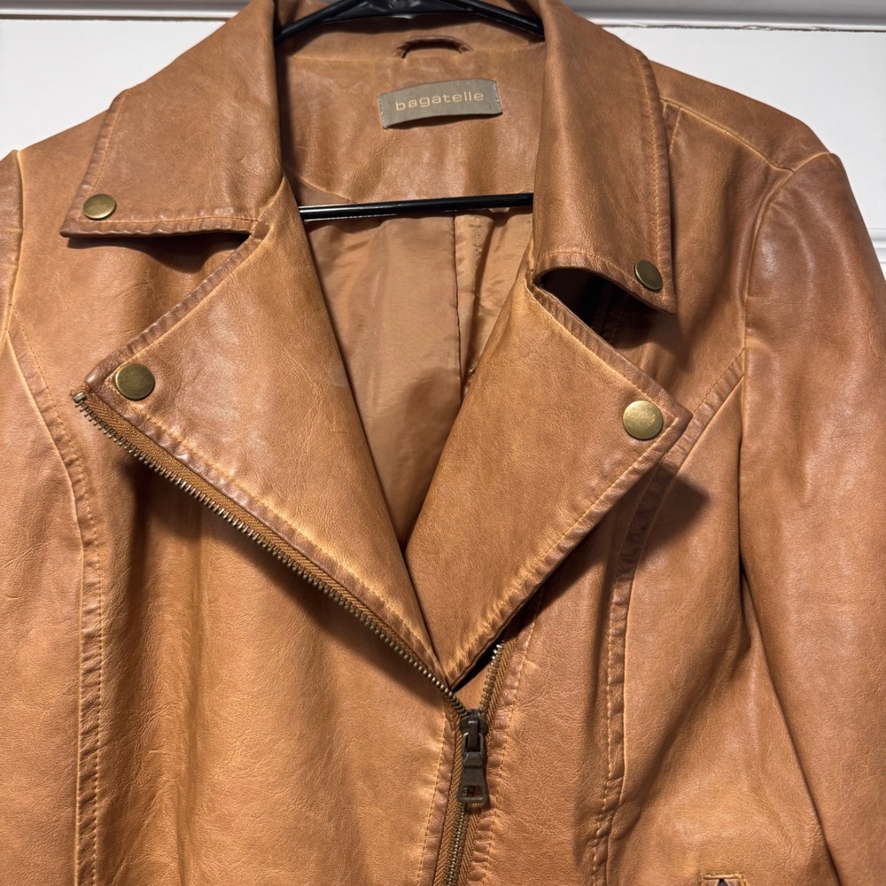 Bagatelle Brown Faux Leather Moto Jacket Women's M Asymmetrical Zip - Picture 3 of 11